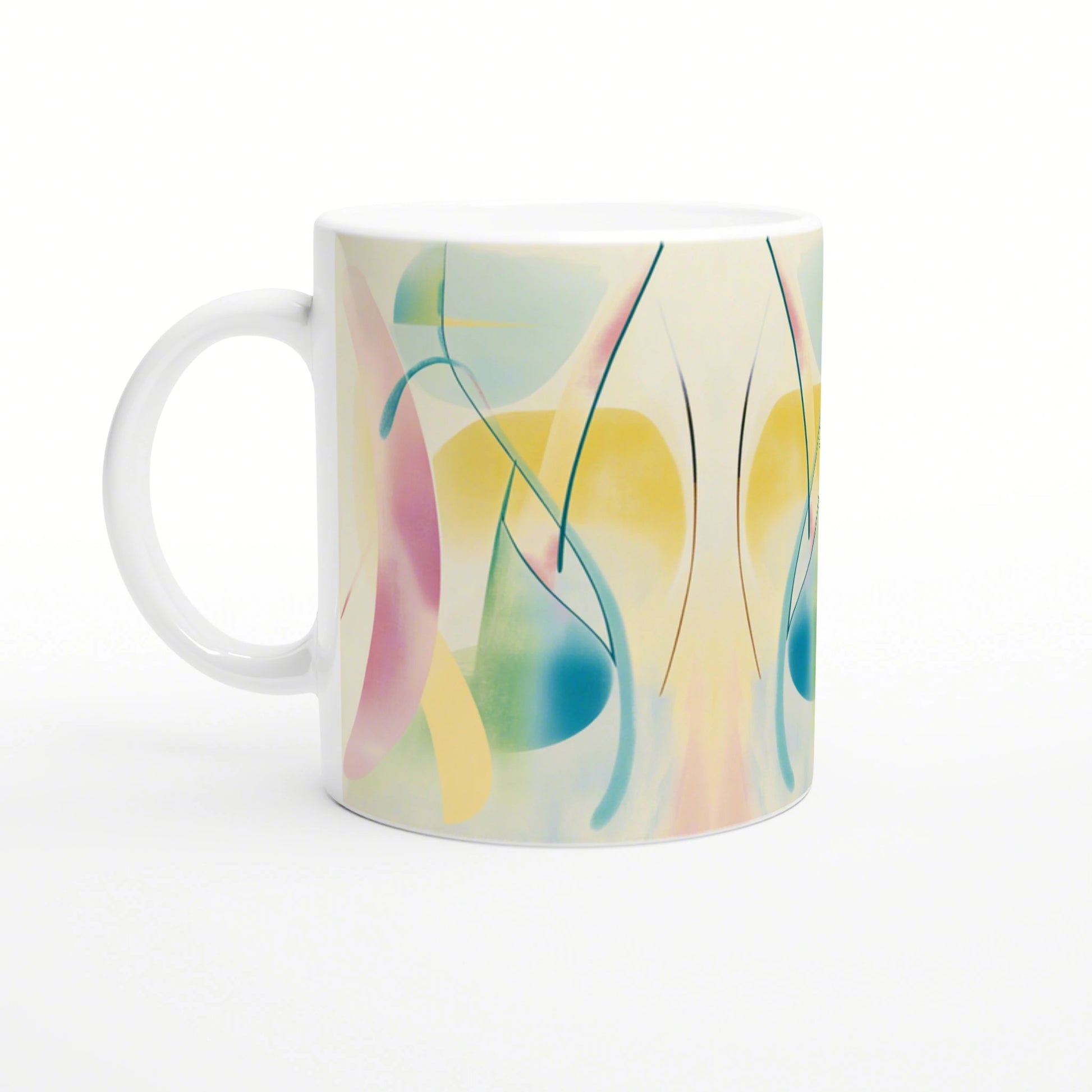 Abstract pastel mug design featuring colorful curved shapes and soft gradients.