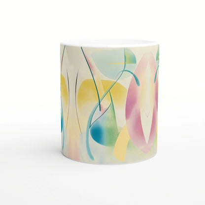 Abstract pastel mug with flowing curves and colorful shapes, shown as a product mockup for a shop selling cups and T-Shirts.