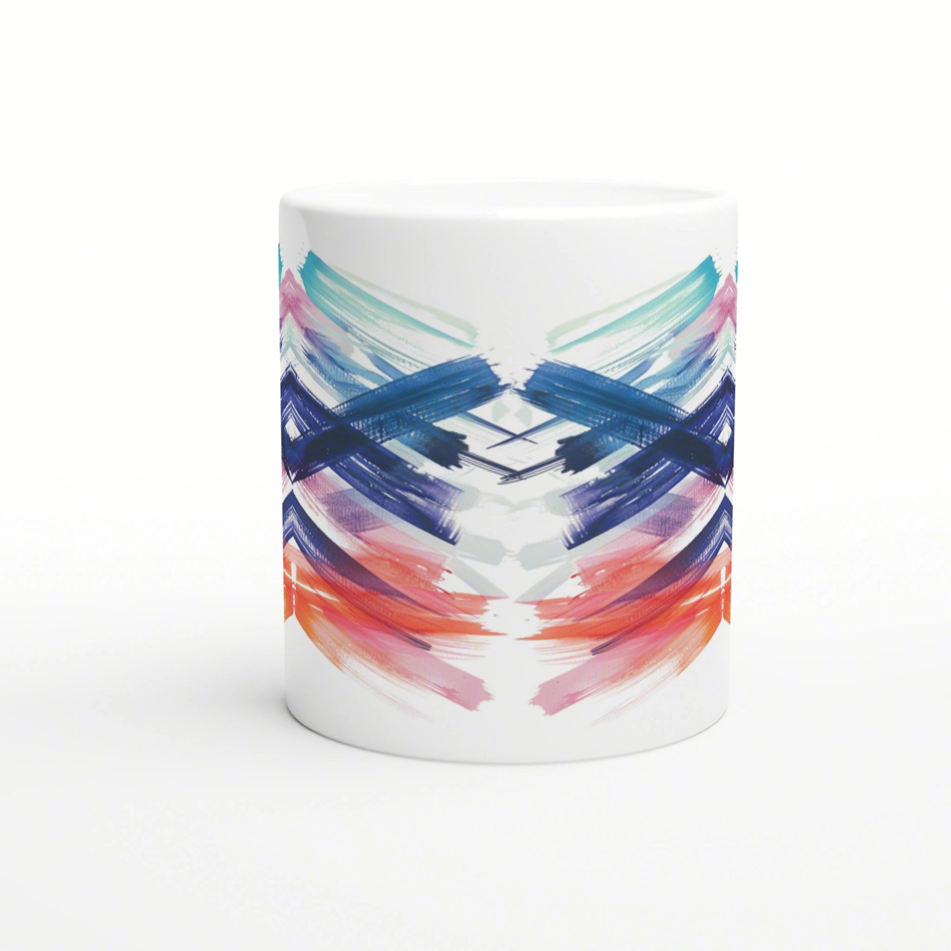 Abstract, symmetrical brush-stroke pattern in blue, teal, pink, orange on white mug.