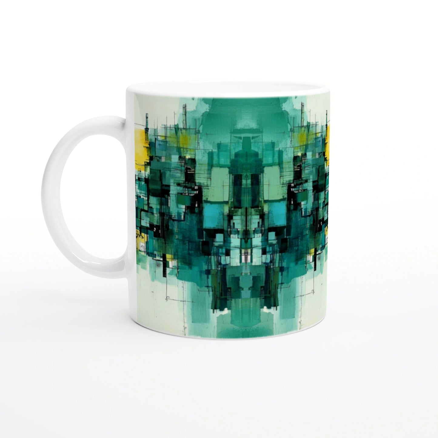 Abstract teal and green geometric pattern on a white ceramic mug; product mockup.