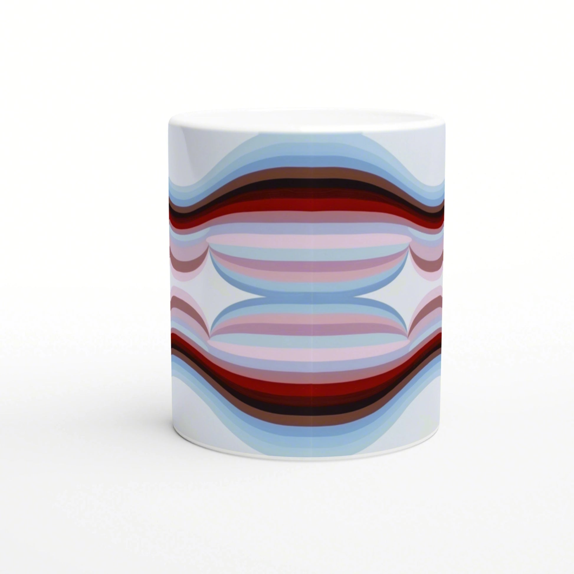 Abstract mug with layered, wavy bands in blue, pink, and red on a white background.