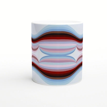 Abstract mug with layered, wavy bands in blue, pink, and red on a white background.