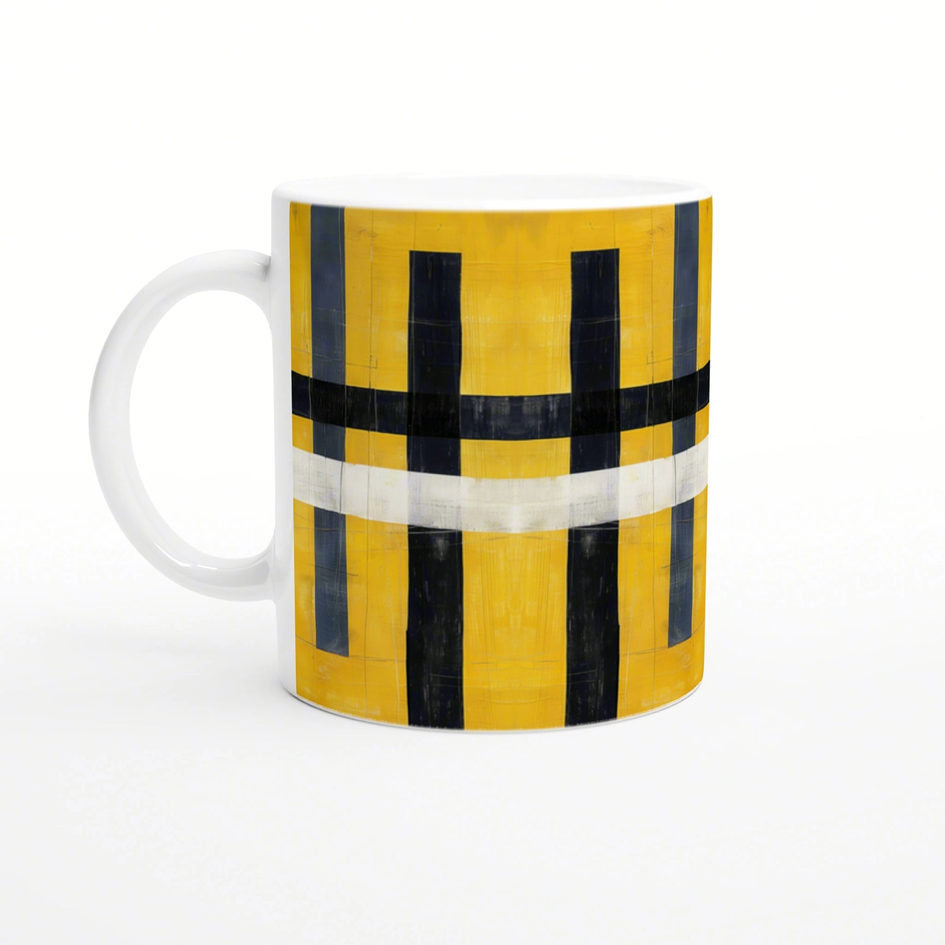 White ceramic mug with a bold abstract design: yellow background, black vertical bars, and a white curved stripe across the center.