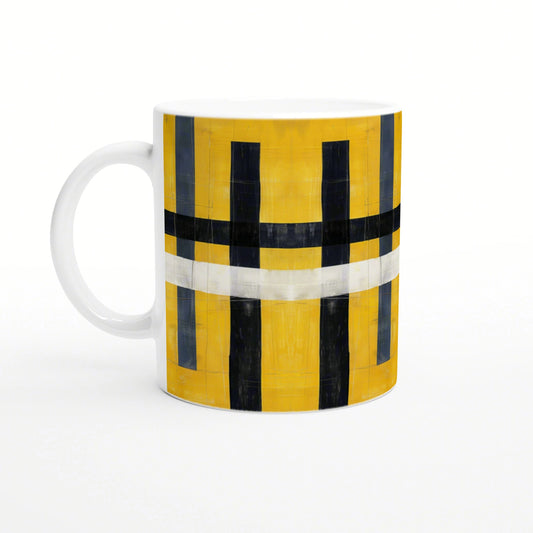 White ceramic mug with a bold abstract design: yellow background, black vertical bars, and a white curved stripe across the center.