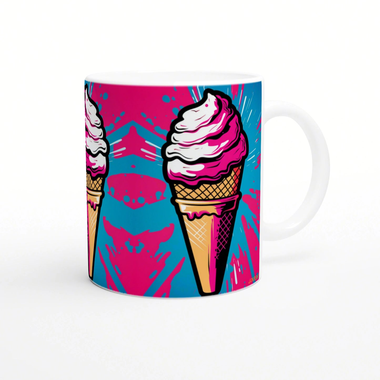 White mug with bold pop-art print of two pink ice-cream cones on blue and magenta splashes.