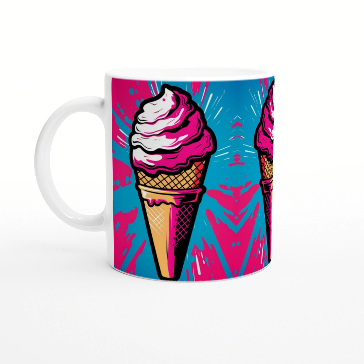 Bright pop-art mug featuring a pink-iced ice cream cone on a blue and magenta splash background.