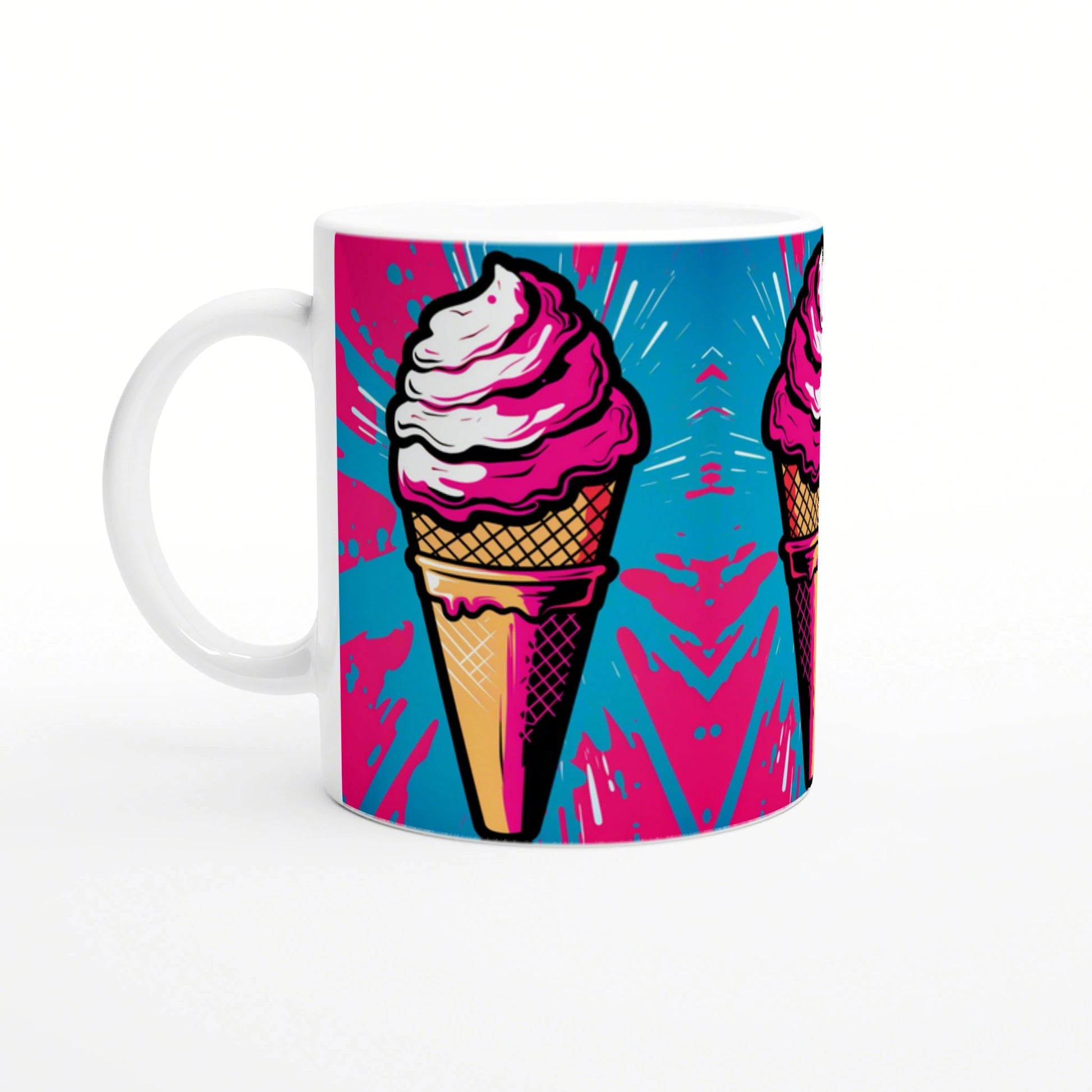 Bright pop-art mug featuring a pink-iced ice cream cone on a blue and magenta splash background.