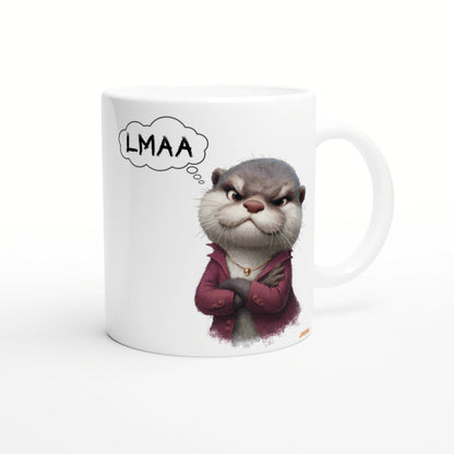 White mug with a grumpy cartoon furry animal in a red jacket, arms crossed, and a thought bubble reading LMAA.