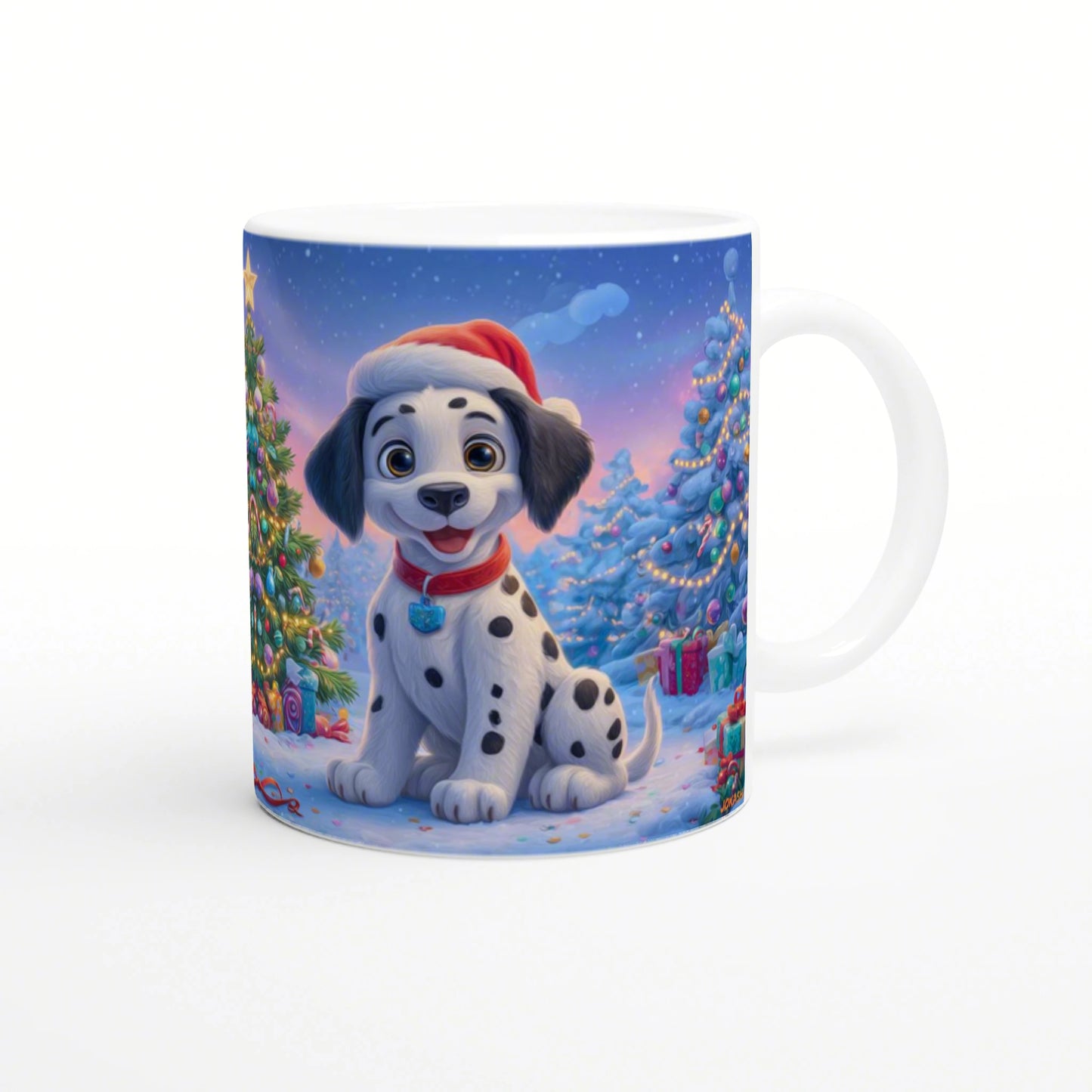 Cartoon Dalmatian puppy wearing a Santa hat on a snowy Christmas mug with decorated trees and gifts.