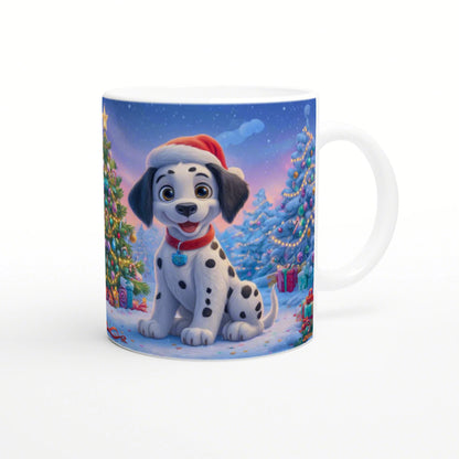 Cartoon Dalmatian puppy wearing a Santa hat on a snowy Christmas mug with decorated trees and gifts.