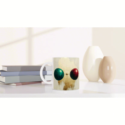 Ceramic mug with an abstract face design: green and red circular eyes on a cream background, placed beside books and decorative vases.