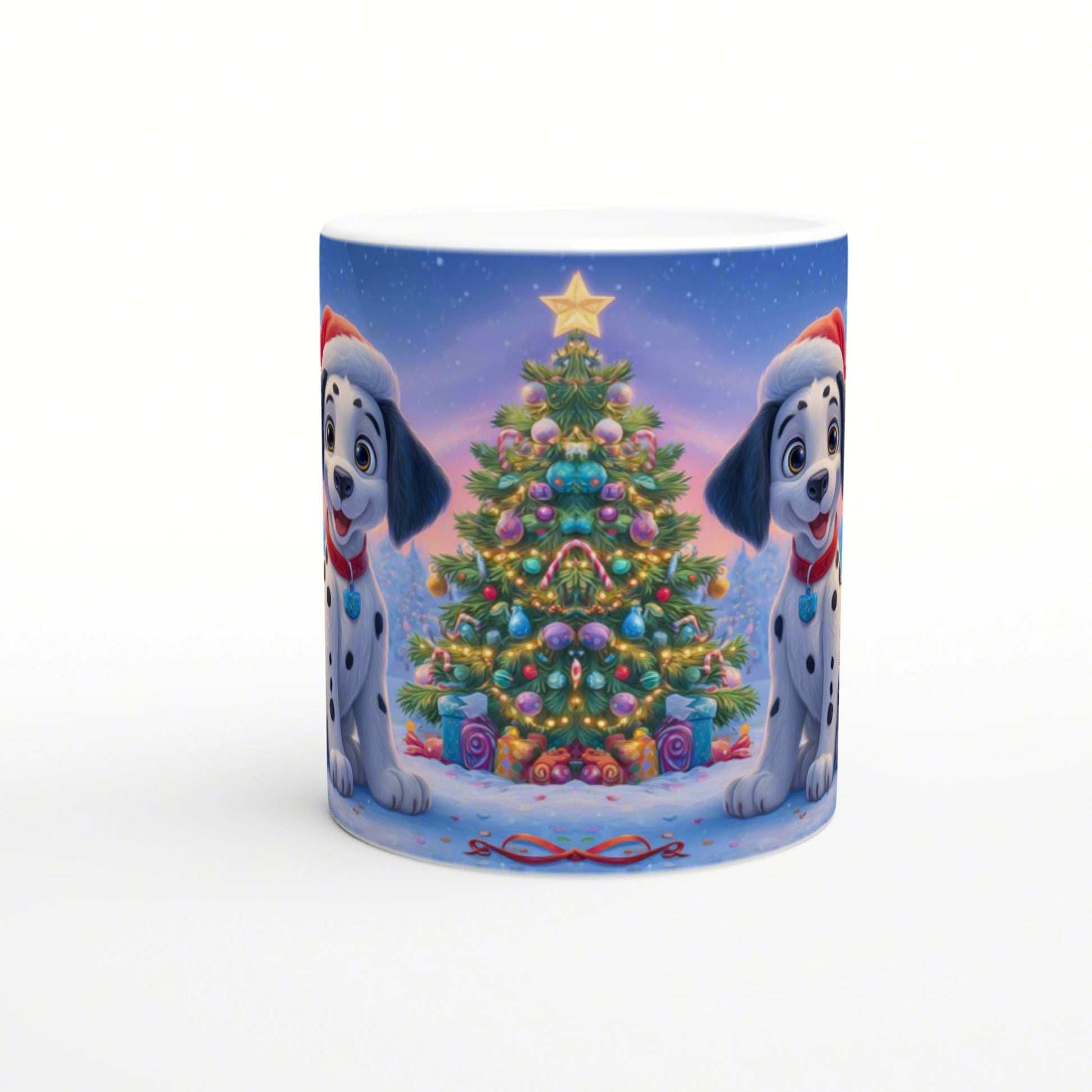 Ceramic mug with two cartoon Dalmatian puppies flanking a decorated Christmas tree and gifts.