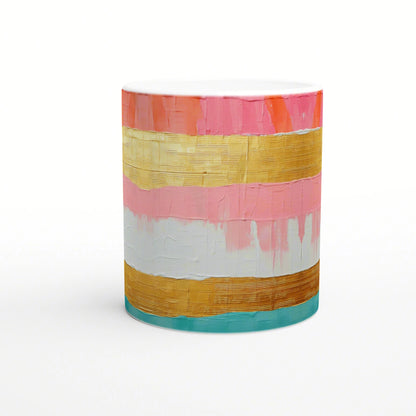 Ceramic mug with bold horizontal stripes in pink, gold, gray and teal; painterly texture, product mockup for an online shop.