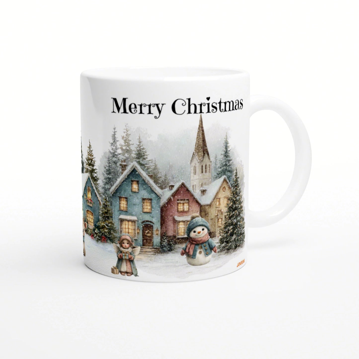 Ceramic mug mockup with festive winter scene: colorful cottages, snow, a snowman, a child, and the text Merry Christmas.