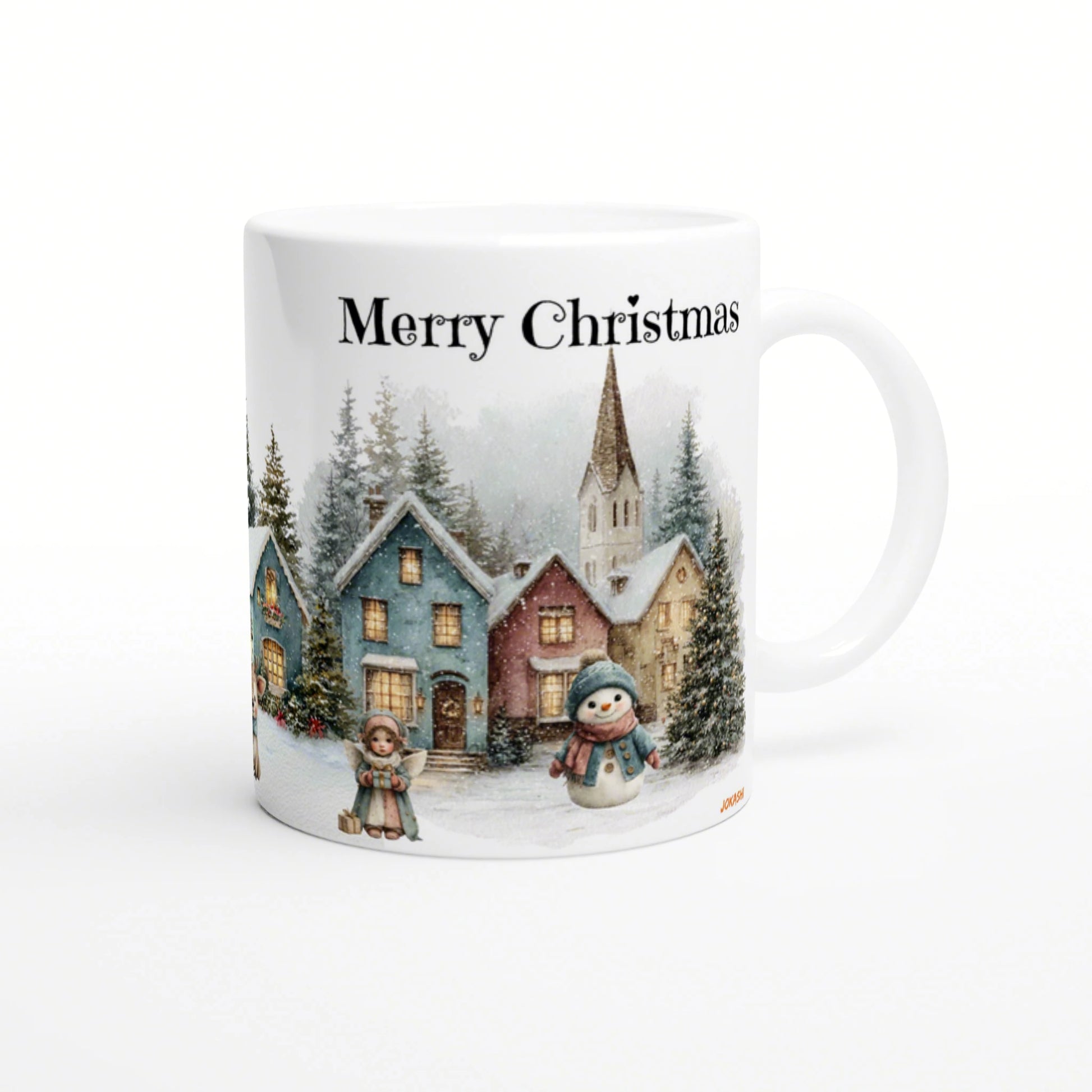 Ceramic mug mockup with festive winter scene: colorful cottages, snow, a snowman, a child, and the text Merry Christmas.
