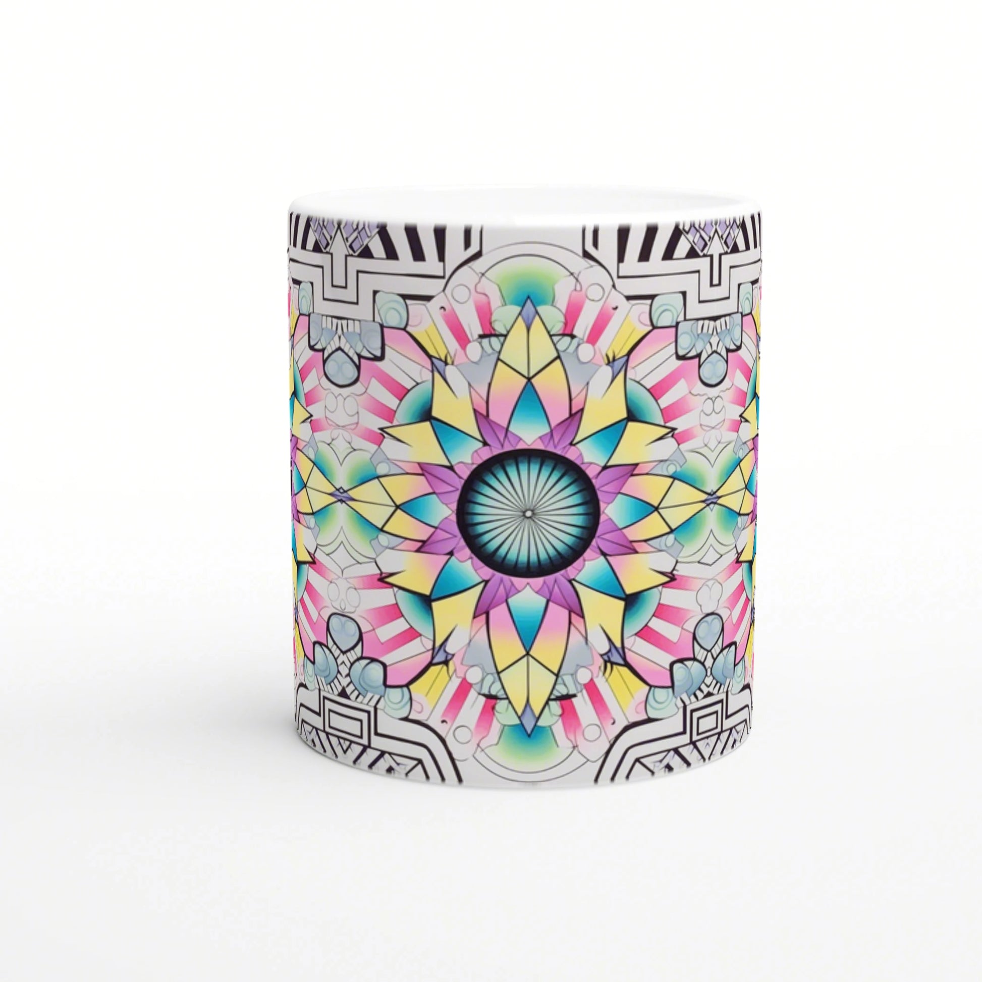 Ceramic mug mockup featuring a vivid kaleidoscopic mandala in pink, blue, and yellow on white.