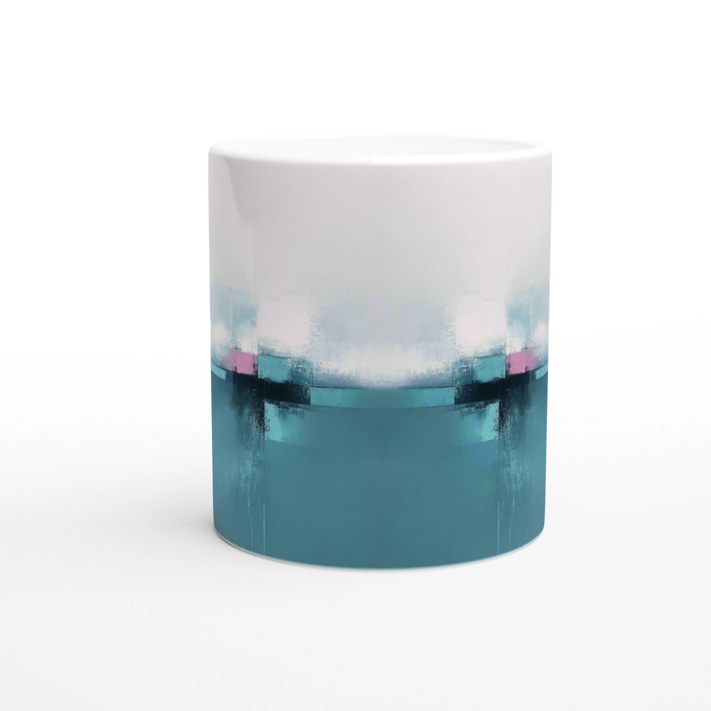 Ceramic mug mockup with a white-to-teal gradient and abstract blue-black bands with pink accents.