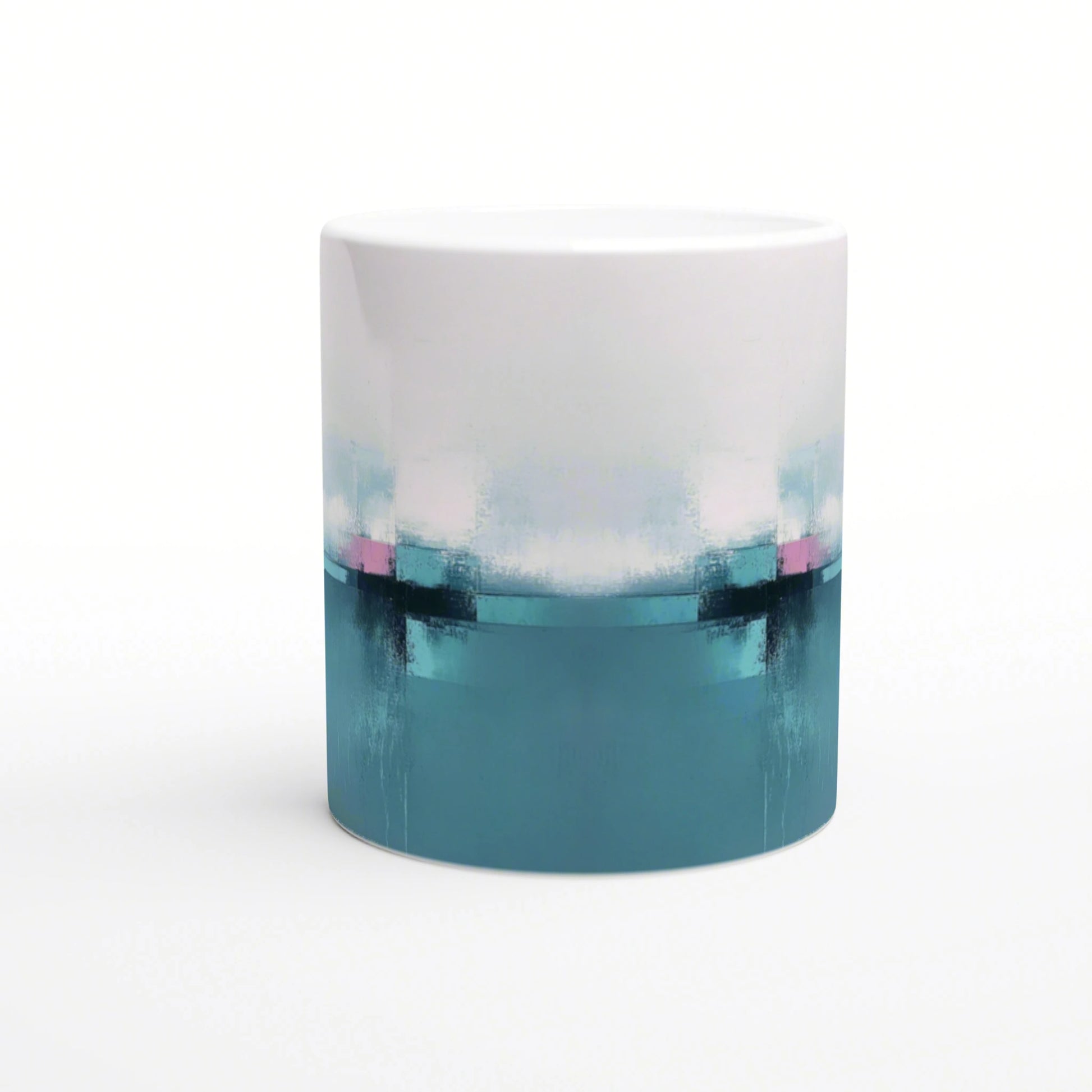 Ceramic mug mockup with a white-to-teal gradient and abstract blue-black bands with pink accents.