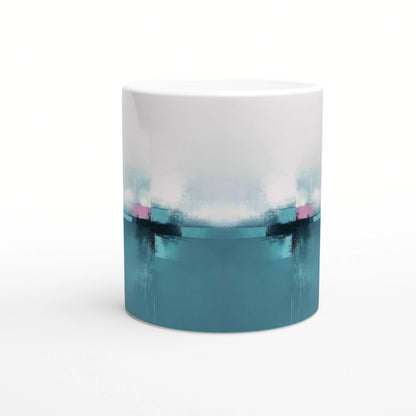 Ceramic mug mockup with a white-to-teal gradient and abstract blue-black bands with pink accents.