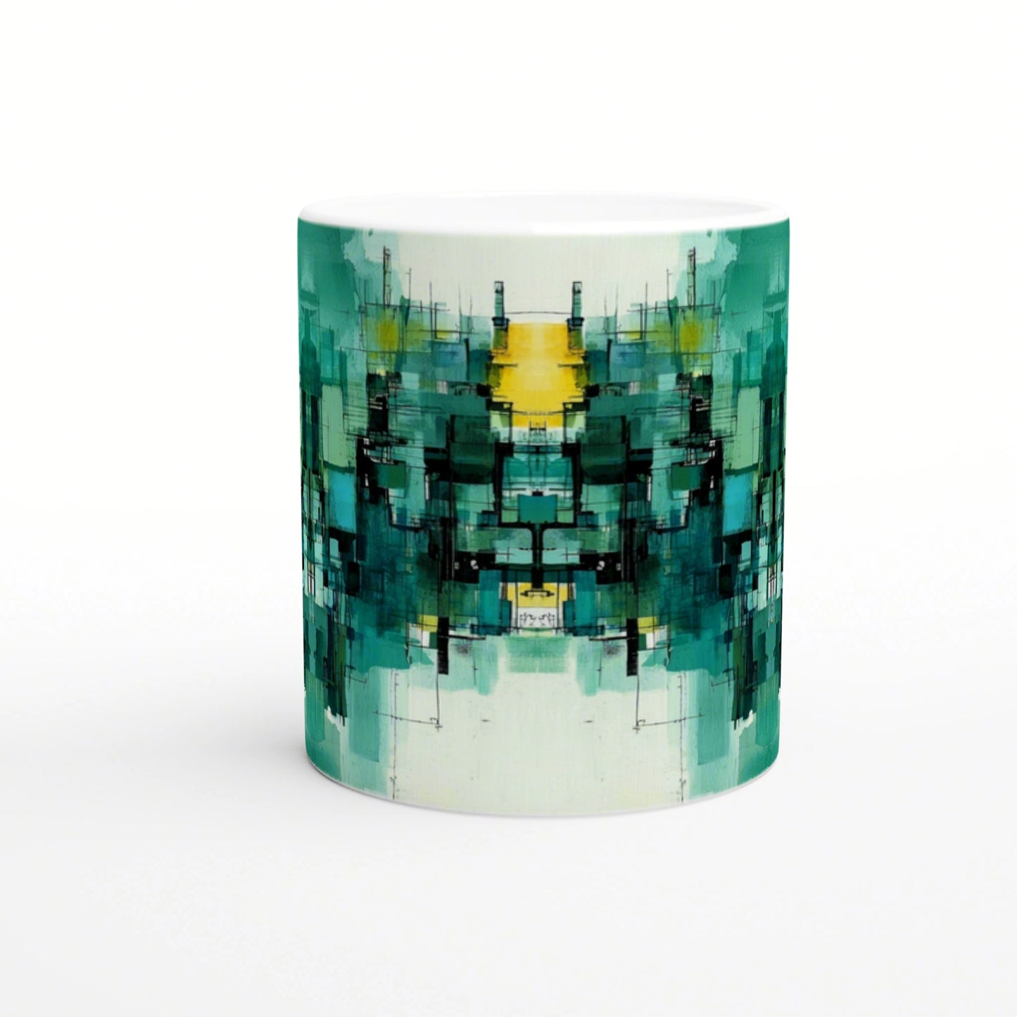 Ceramic mug with teal-green abstract geometric pattern, featuring a symmetrical mirrored design and a yellow center.