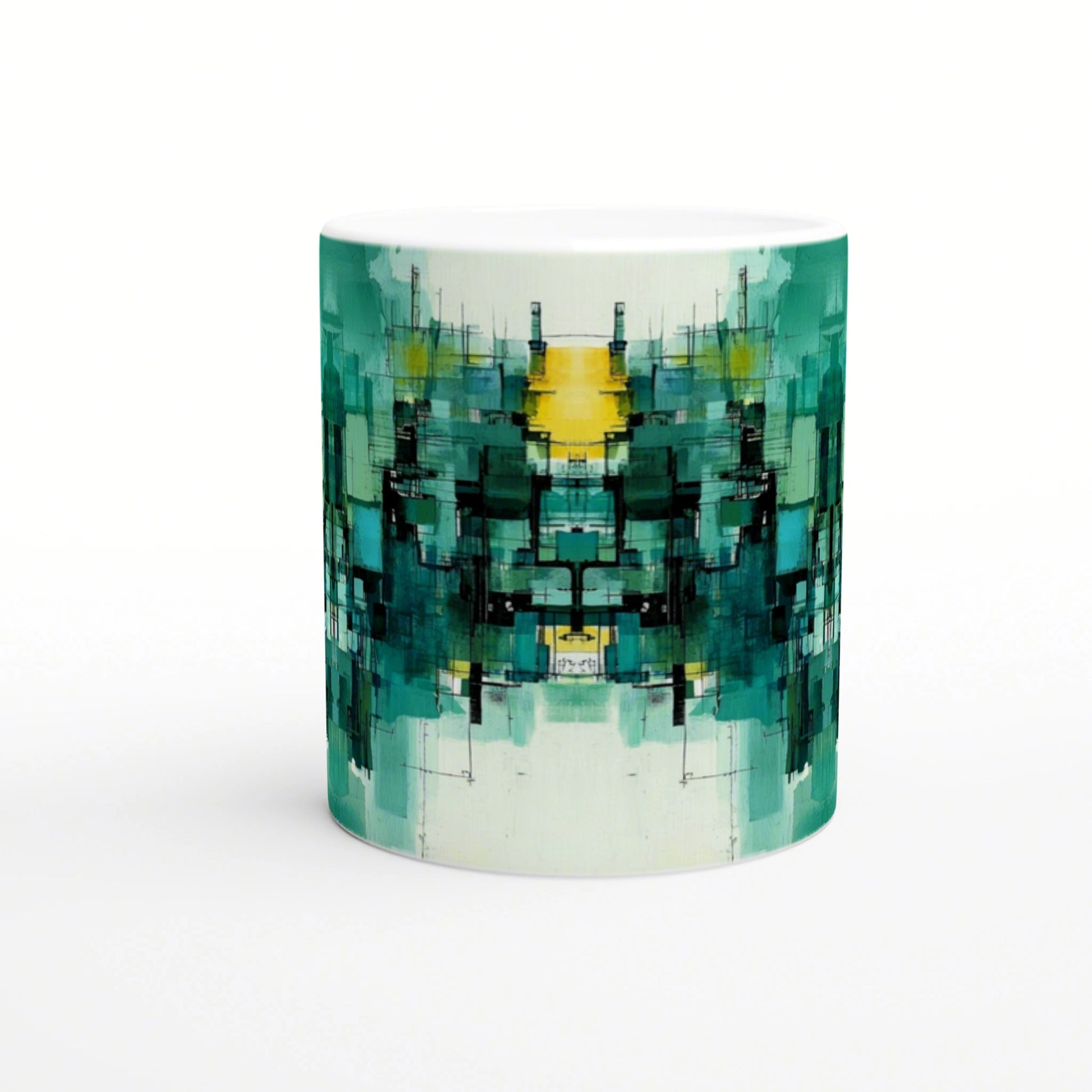 Ceramic mug with teal-green abstract geometric pattern, featuring a symmetrical mirrored design and a yellow center.
