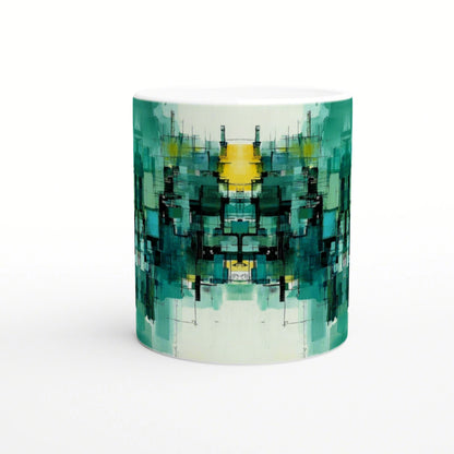 Ceramic mug with teal-green abstract geometric pattern, featuring a symmetrical mirrored design and a yellow center.