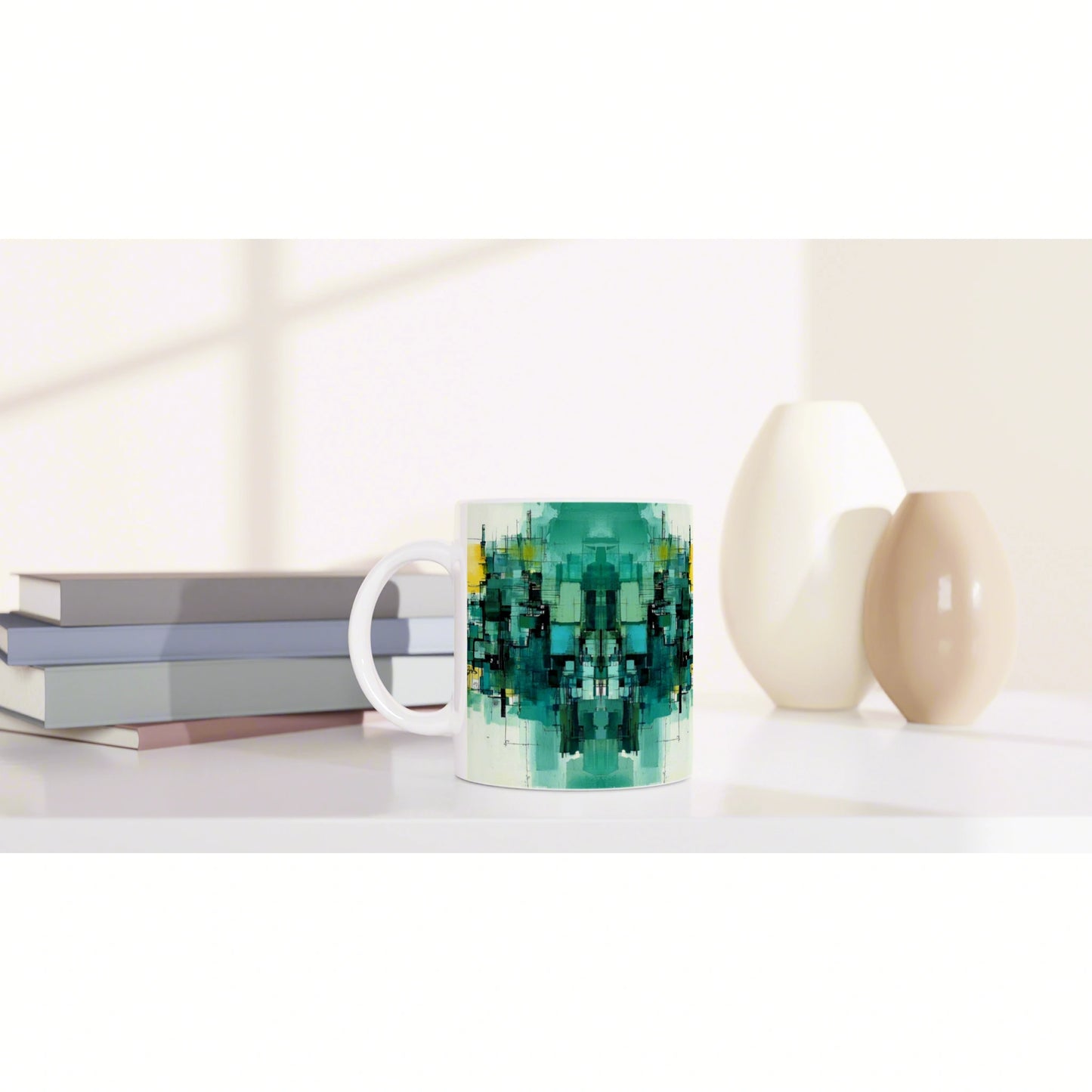 Ceramic mug with teal abstract pattern sits on a white desk beside stacked books and cream vases.