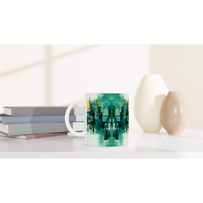 Ceramic mug with teal abstract pattern sits on a white desk beside stacked books and cream vases.