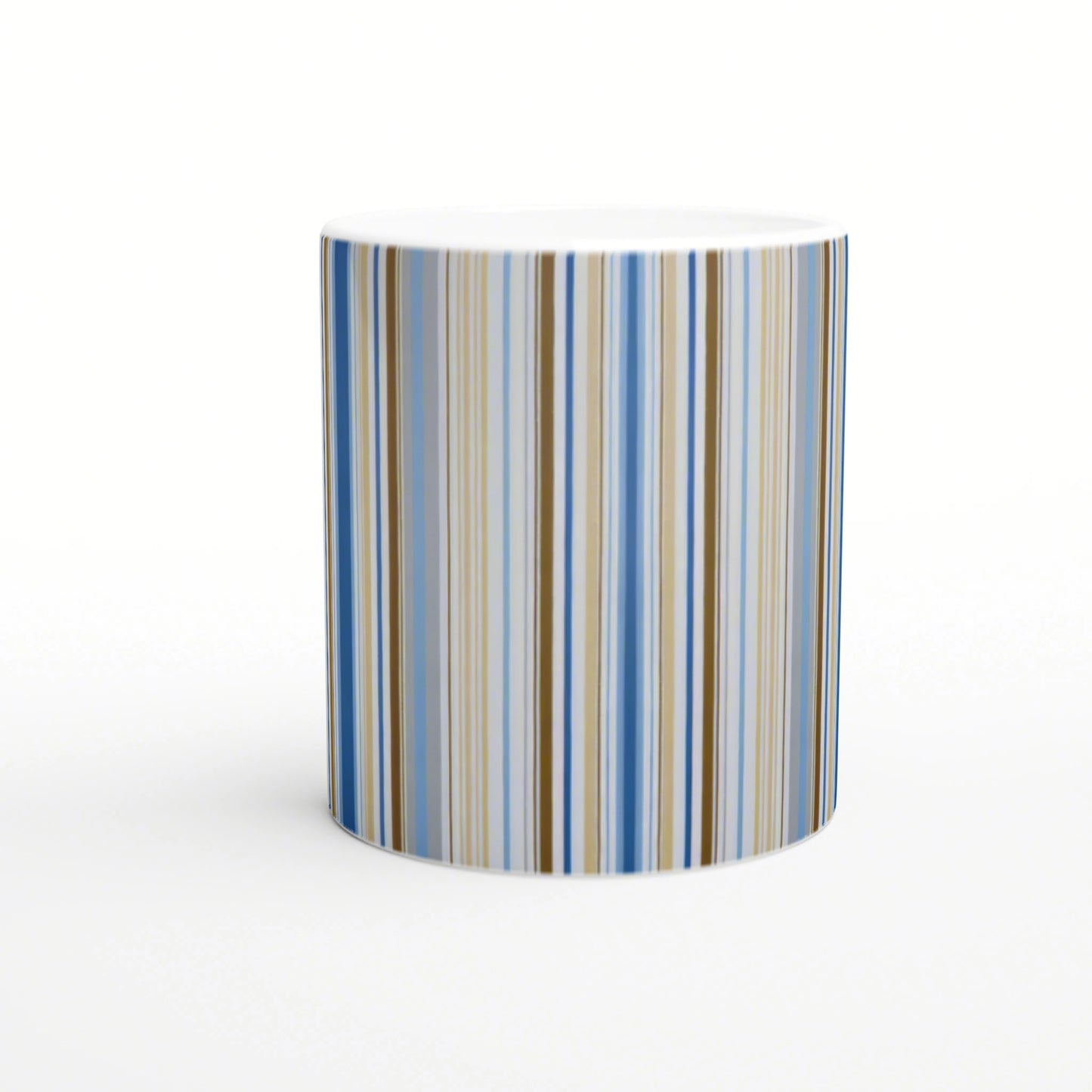 Ceramic mug with vertical blue, beige and brown stripes, white interior; product mockup for a striped cup design.