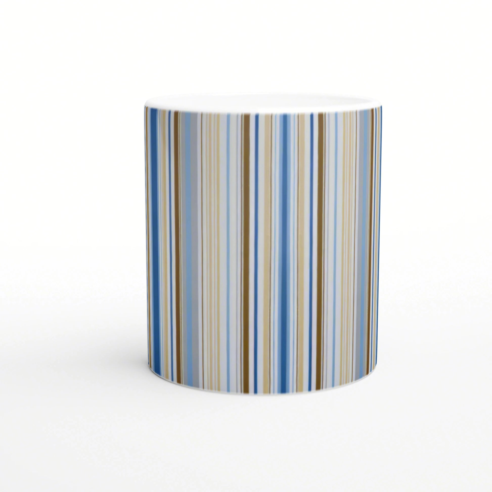 Ceramic mug with vertical blue, beige and brown stripes, white interior; product mockup for a striped cup design.