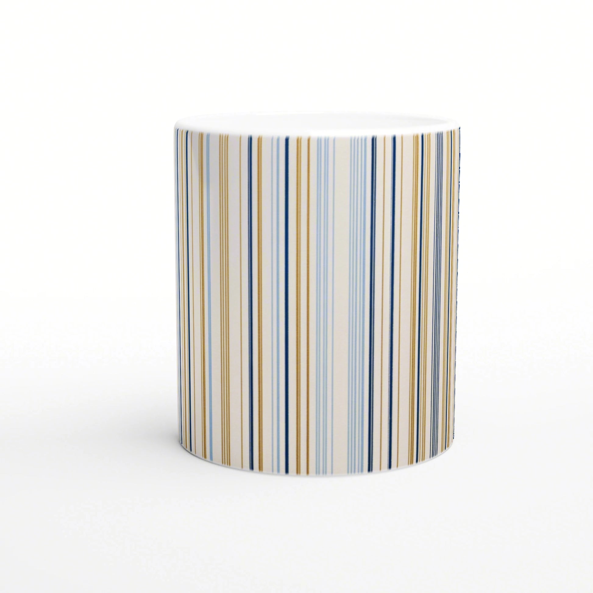 Ceramic mug with vertical blue, gold, and light blue stripes on white, shown as a product mockup.