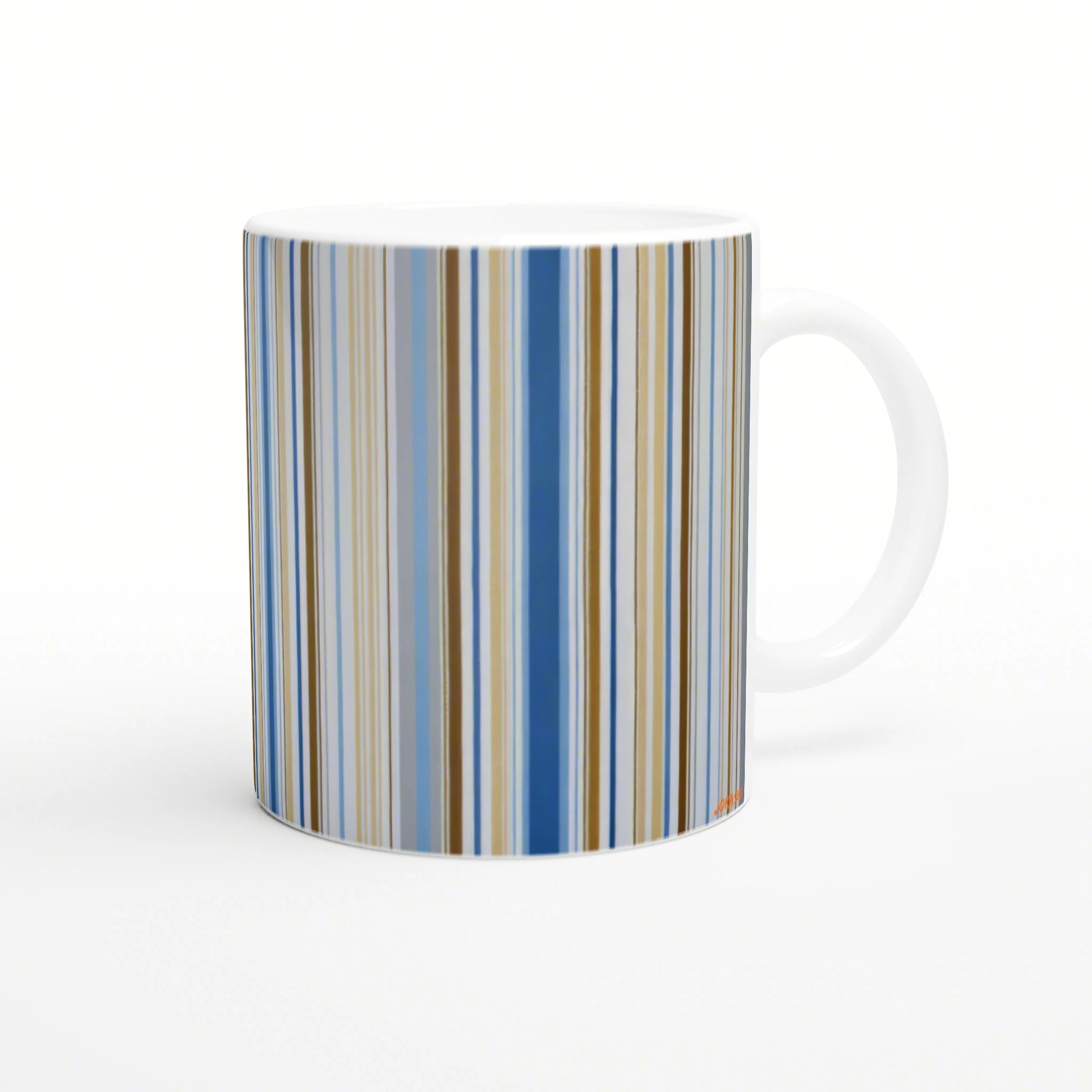 Ceramic mug mockup featuring vertical blue, tan and cream stripes on a white background.