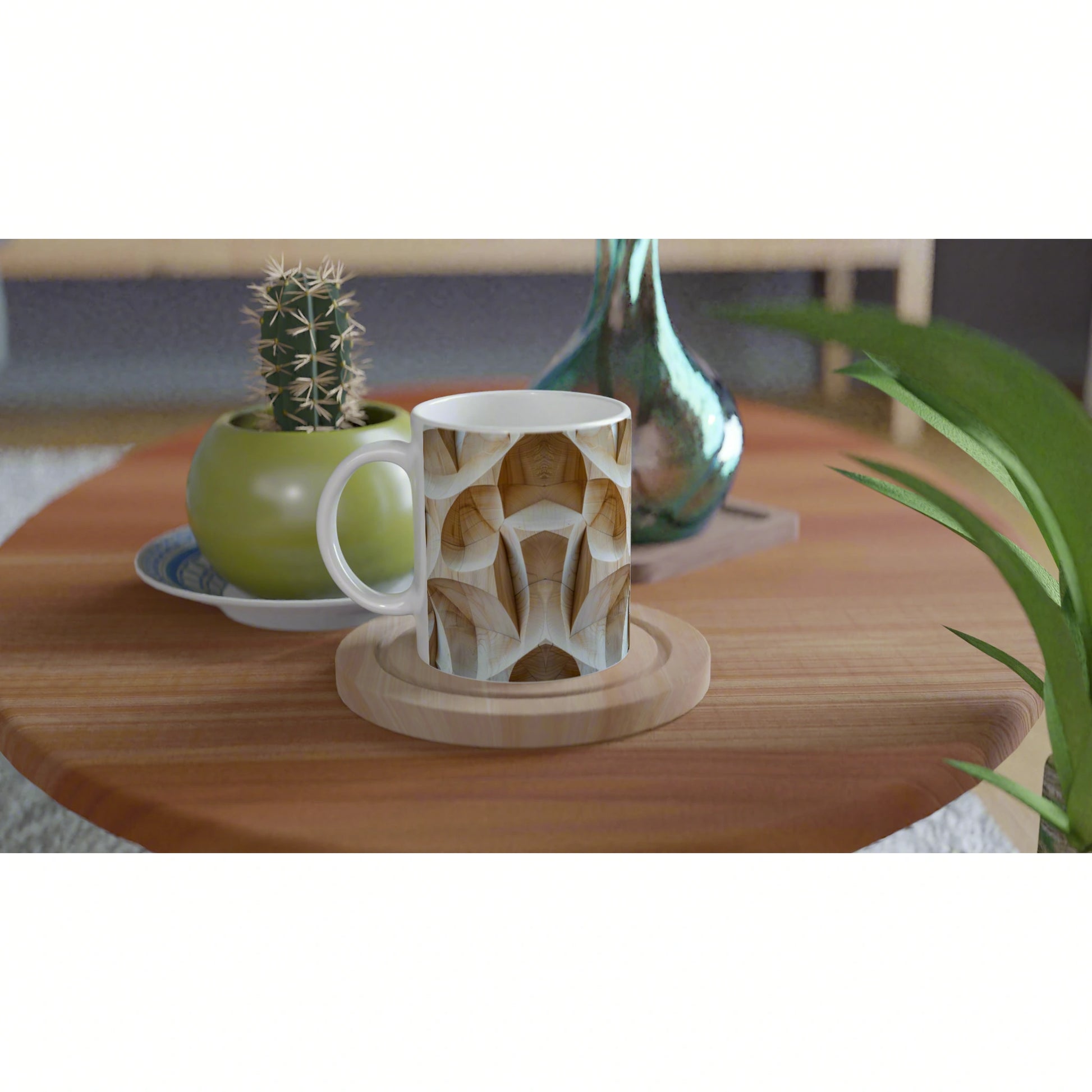 Ceramic mug with a wood-grain pattern on a wooden coaster, set on a table with a cactus pot and a green glass vase.