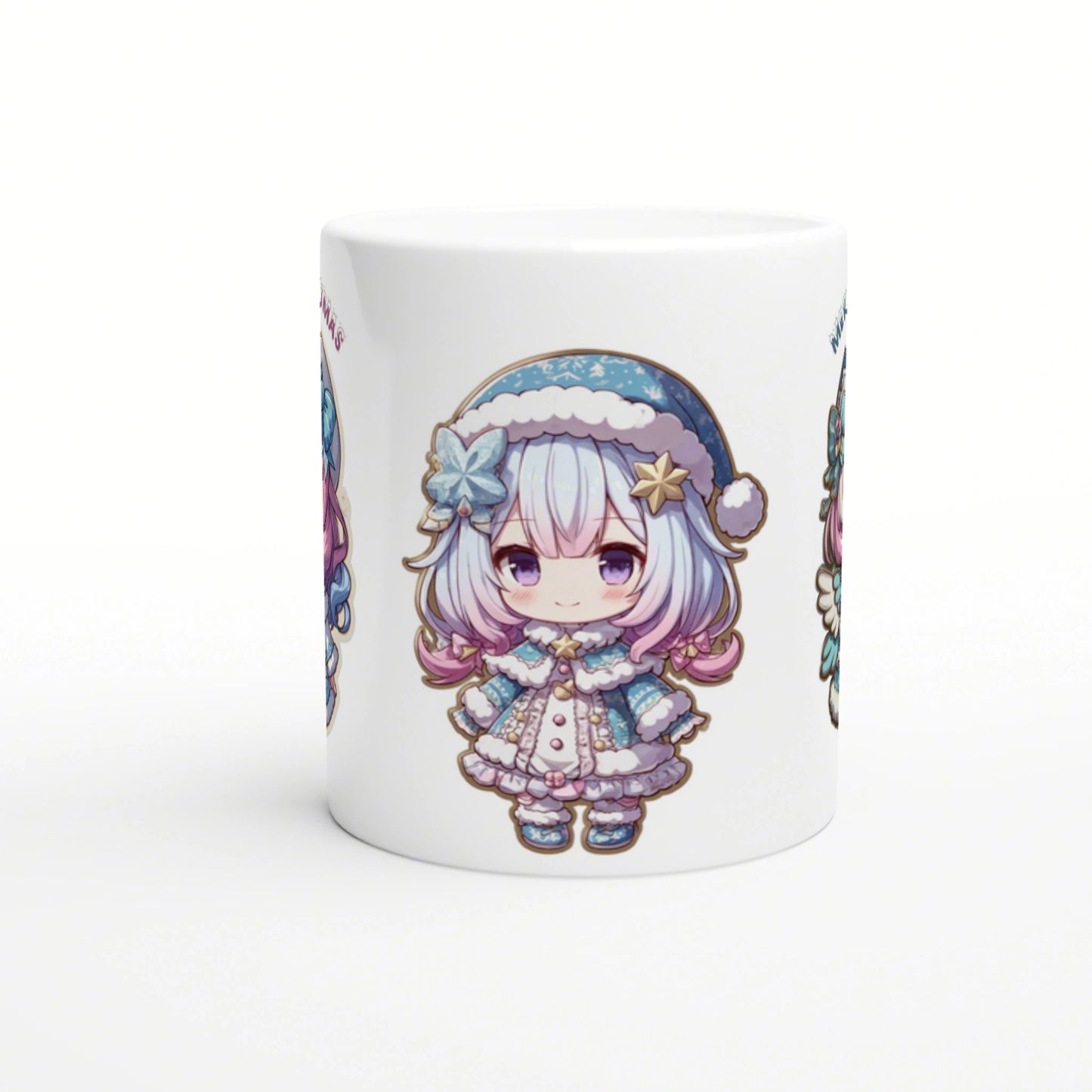 Chibi anime girl in a blue winter outfit with fluffy trim, printed on a white ceramic mug (product mockup).