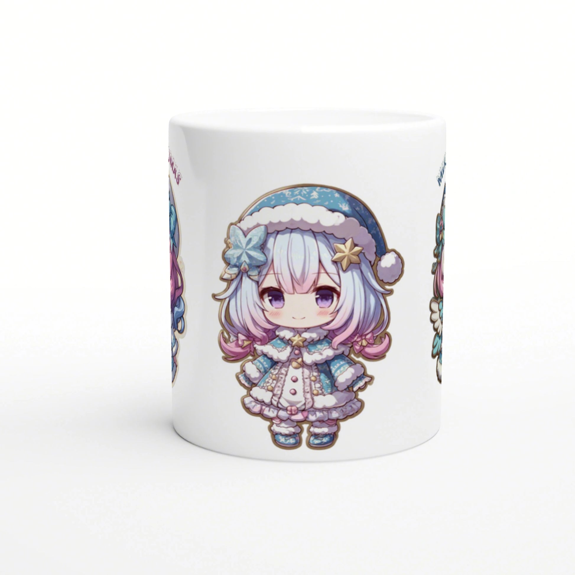 Chibi anime girl in a blue winter outfit with fluffy trim, printed on a white ceramic mug (product mockup).