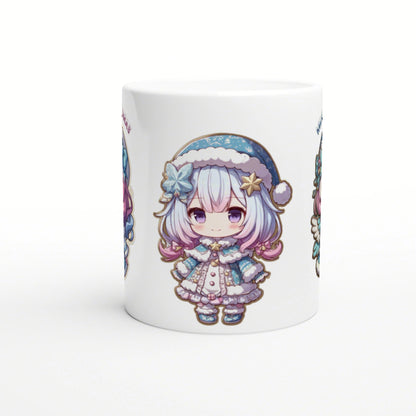 Chibi anime girl in a blue winter outfit with fluffy trim, printed on a white ceramic mug (product mockup).