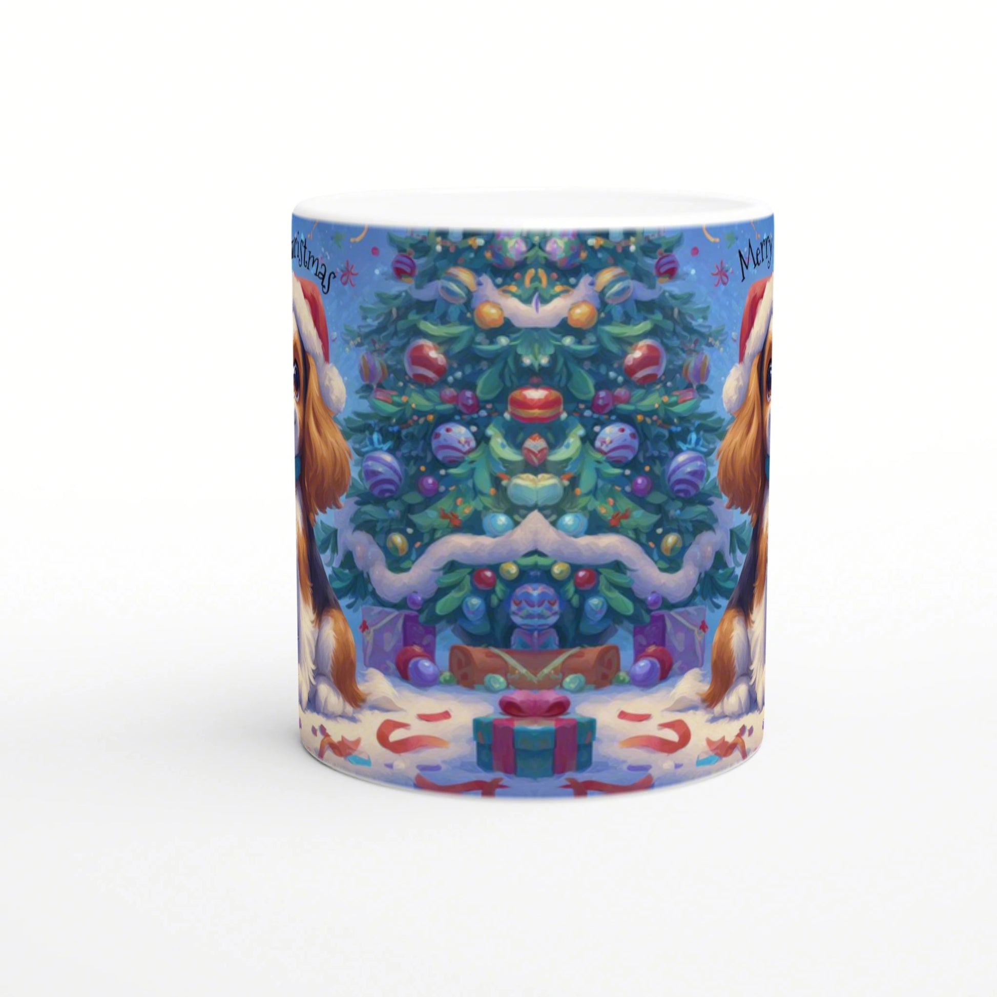 Colorful Christmas mug mockup with a decorated tree, ornaments, presents, and snowy ground; mirrored border figures frame the design.