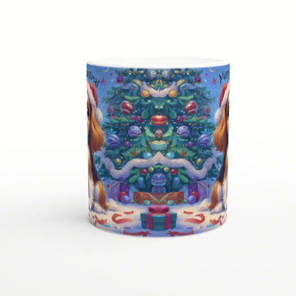 Colorful Christmas mug mockup with a decorated tree, ornaments, presents, and snowy ground; mirrored border figures frame the design.