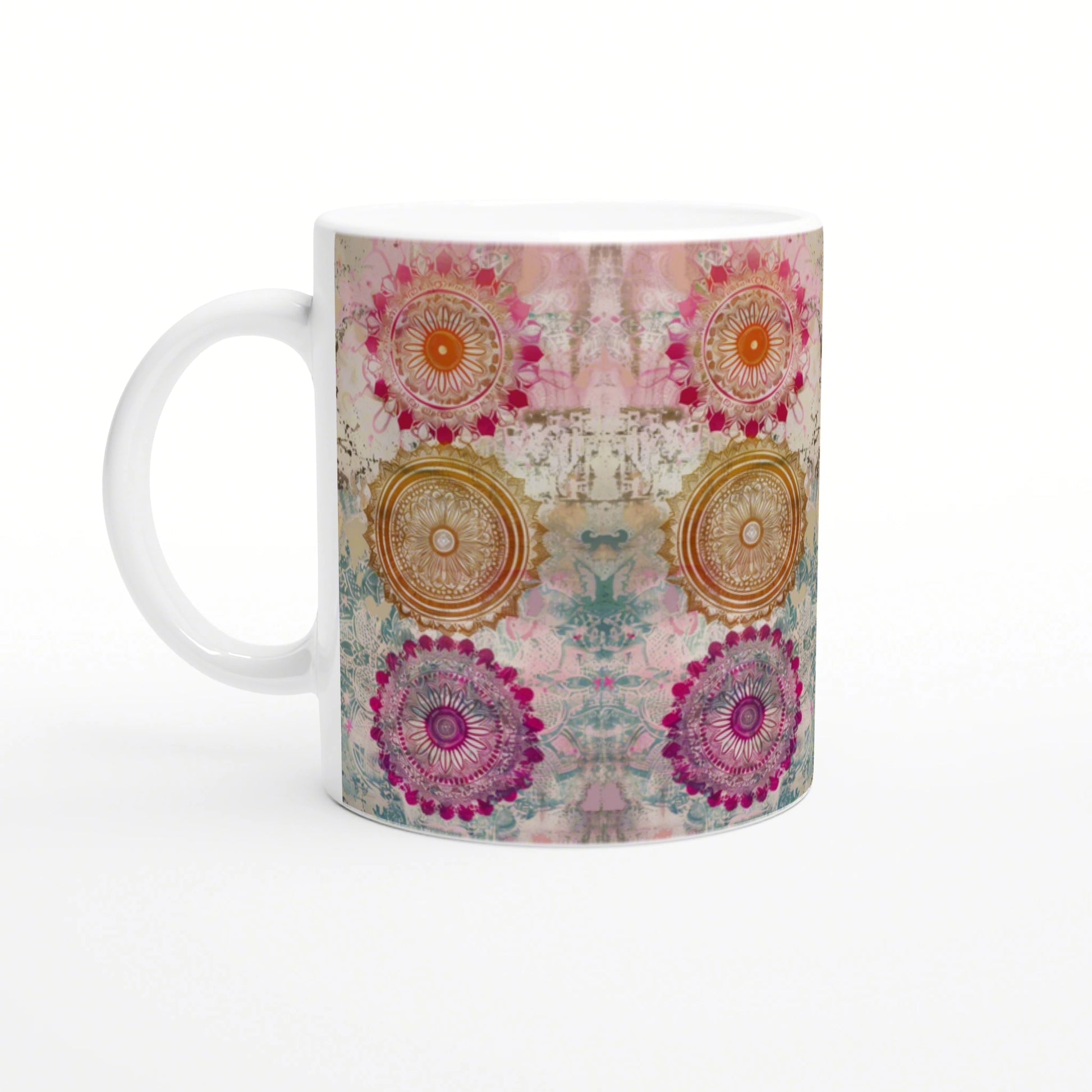 Colorful mandala mug mockup with pink, orange, teal and purple circular patterns.