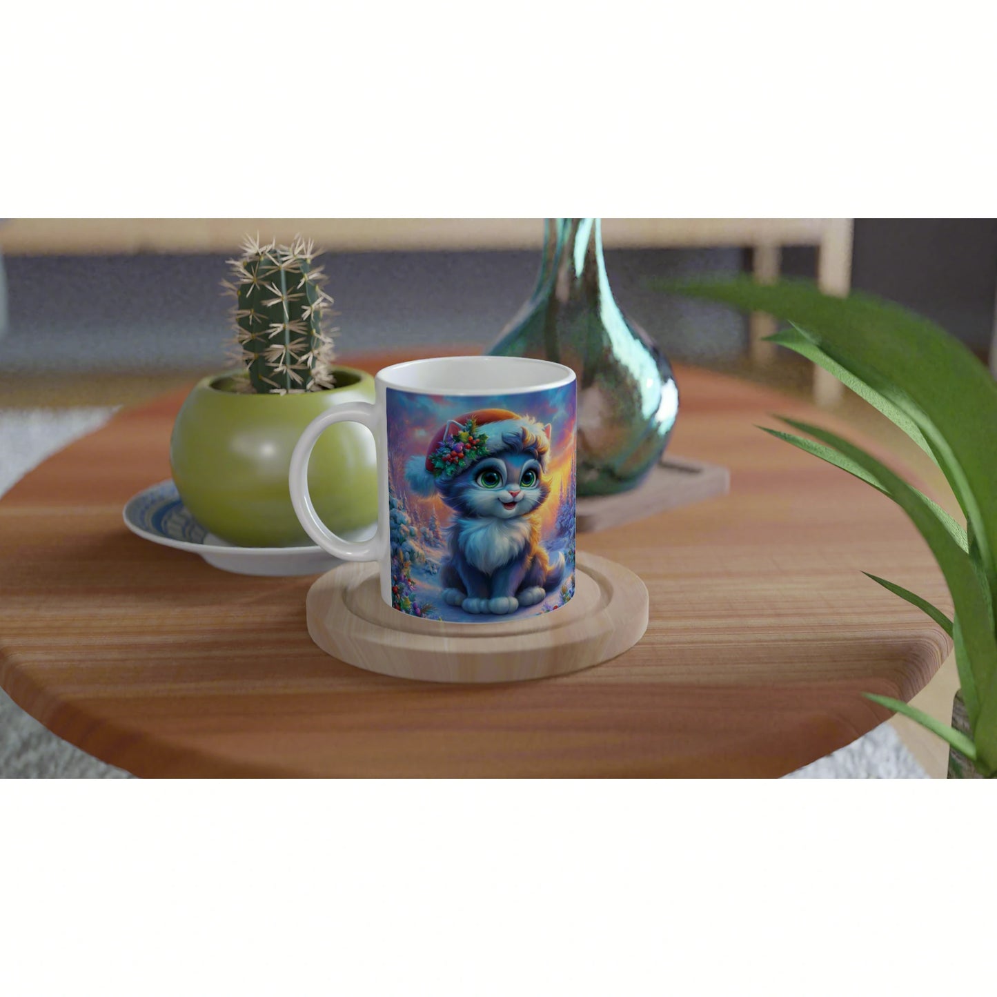Mug featuring a colorful cartoon blue cat with a flower crown, placed on a wooden coaster; cactus pot and decorative vase visible in the background.