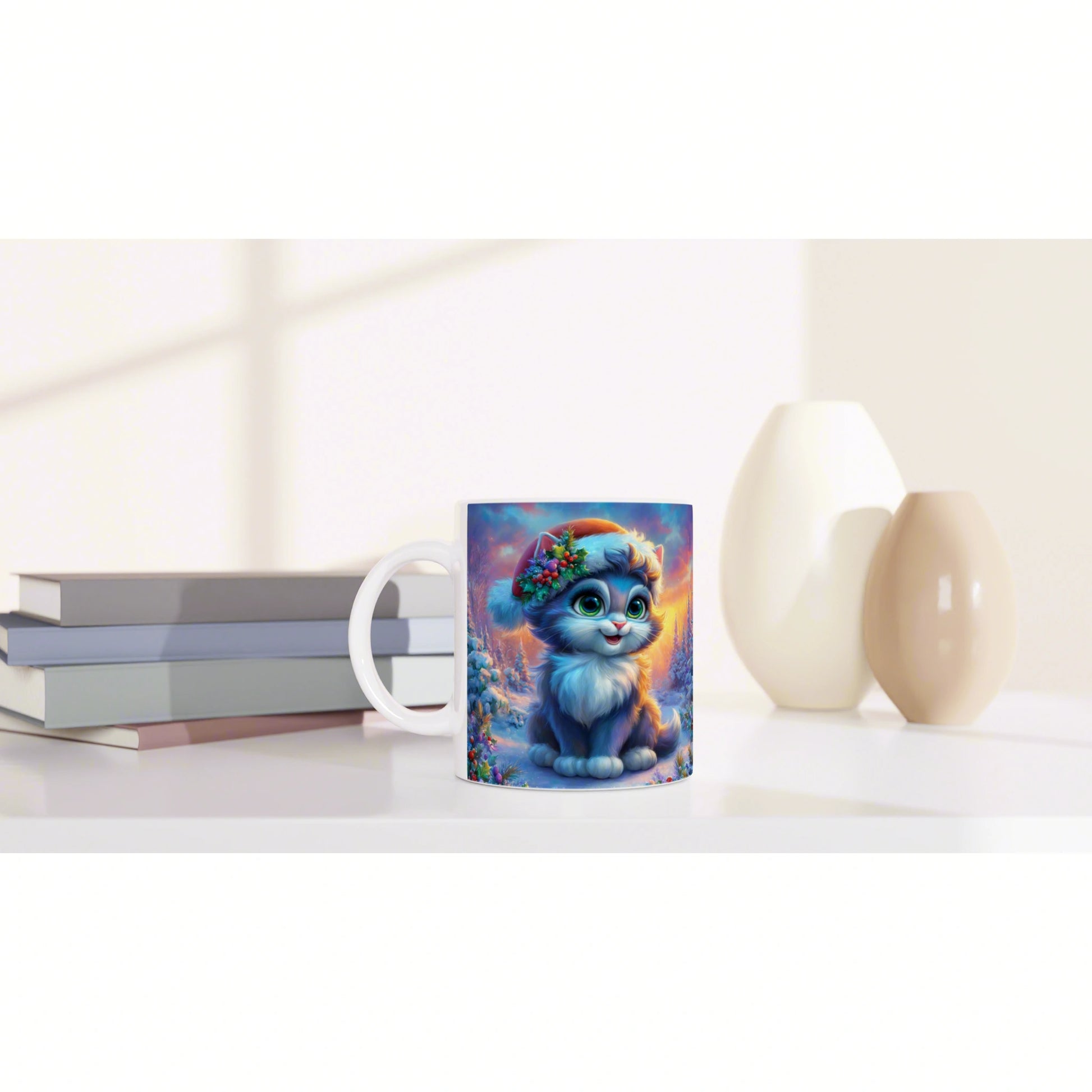 Colorful mug featuring a blue kitten with a wreath, in a winter scene on a desk with books and decorative vases.