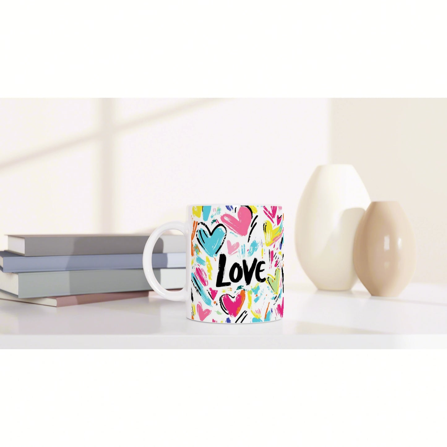 Colorful mug with hearts and the word LOVE in black, placed on a shelf beside stacked books and white/cream vases.
