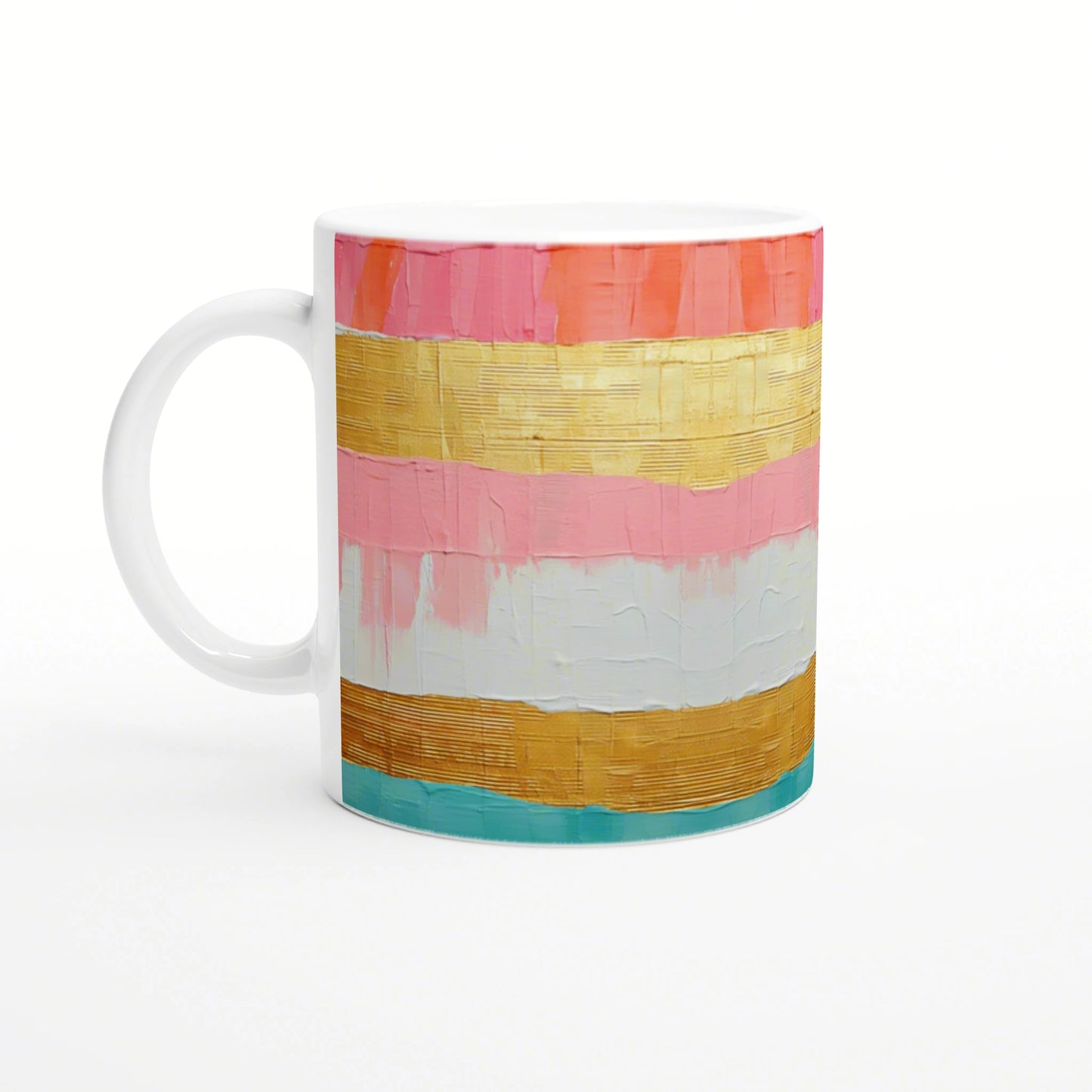 White mug with painterly horizontal stripes of pink, gold, white and turquoise; a product mockup for colorful cups.