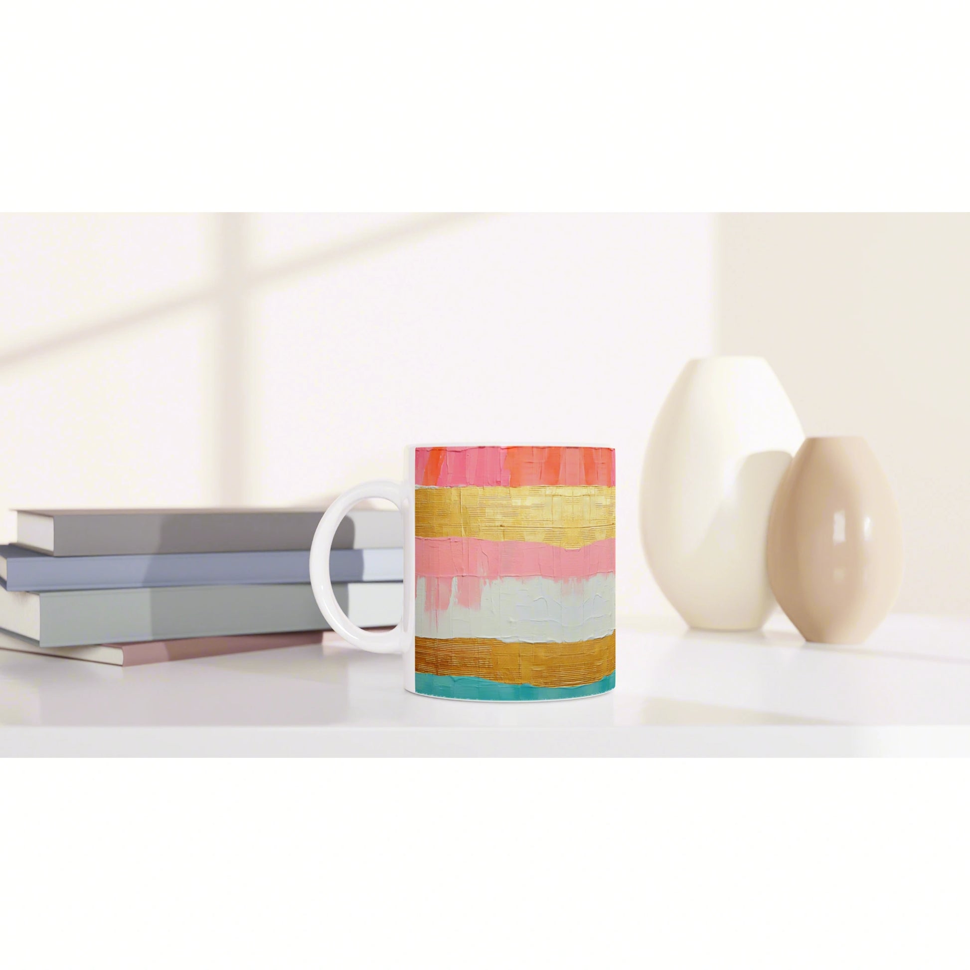 Colorful striped ceramic mug on a white desk beside stacked books and decorative vases; product mockup.