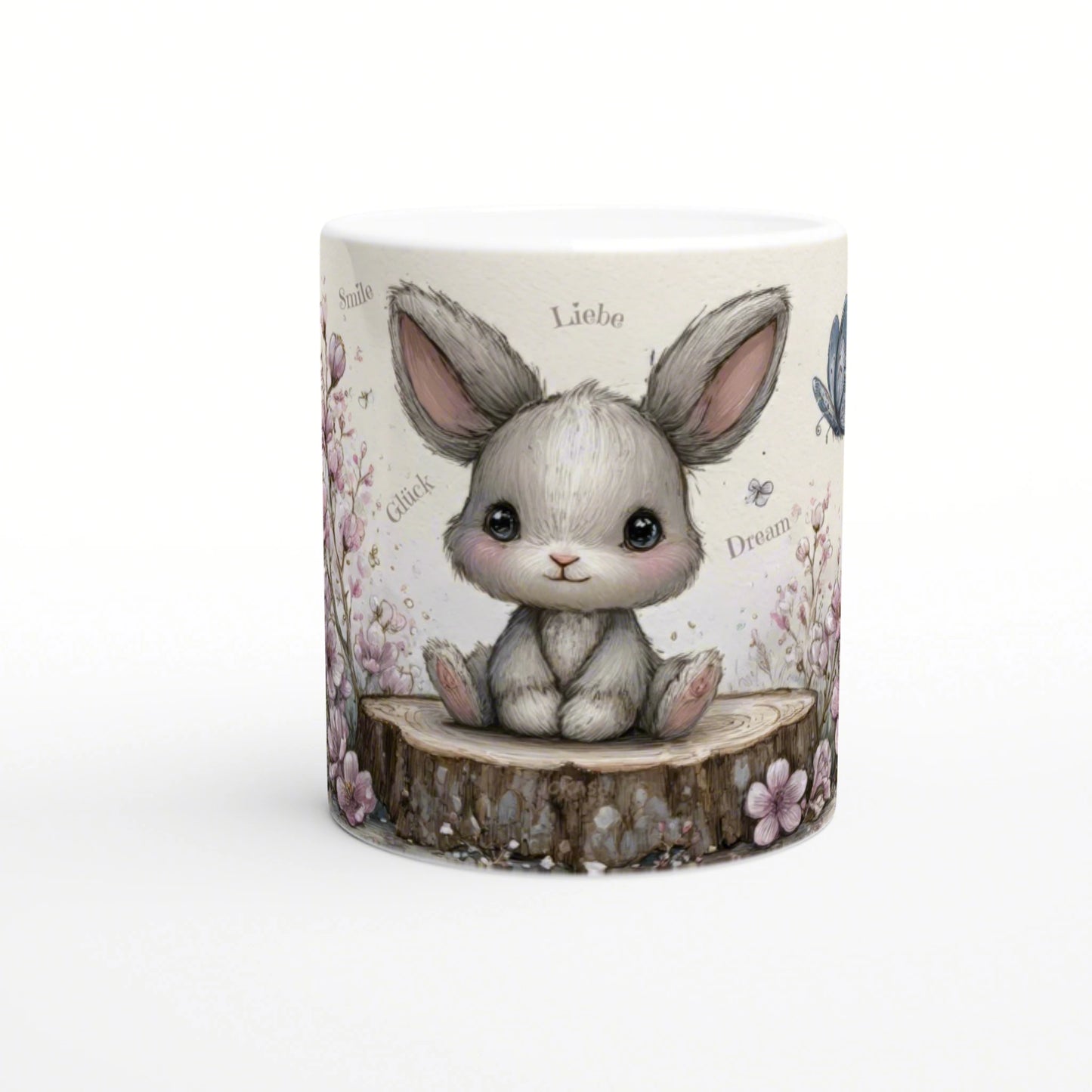 Mug mockup with a cute fluffy bunny sitting on a tree stump, surrounded by pastel flowers.