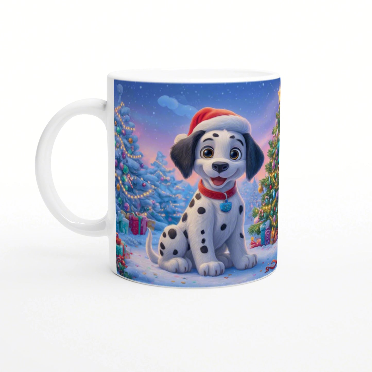 Whimsical mug mockup: a Dalmatian puppy wearing a Santa hat sits in a snowy Christmas scene with decorated trees and gifts.