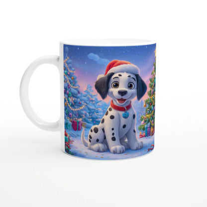 Whimsical mug mockup: a Dalmatian puppy wearing a Santa hat sits in a snowy Christmas scene with decorated trees and gifts.
