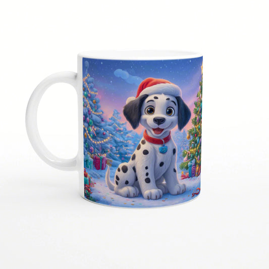 Whimsical mug mockup: a Dalmatian puppy wearing a Santa hat sits in a snowy Christmas scene with decorated trees and gifts.