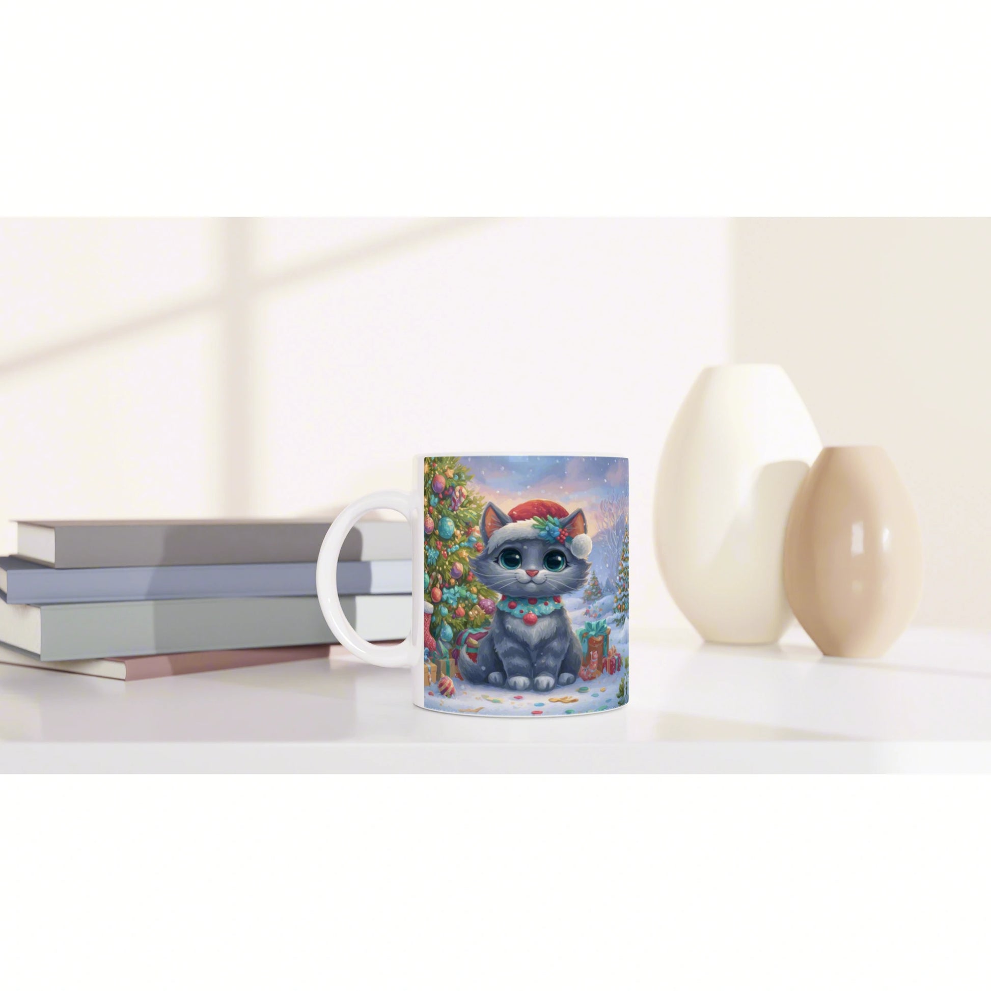 Ceramic mug featuring a gray cat beside a decorated Christmas tree in a snowy scene; books and vases in the background.