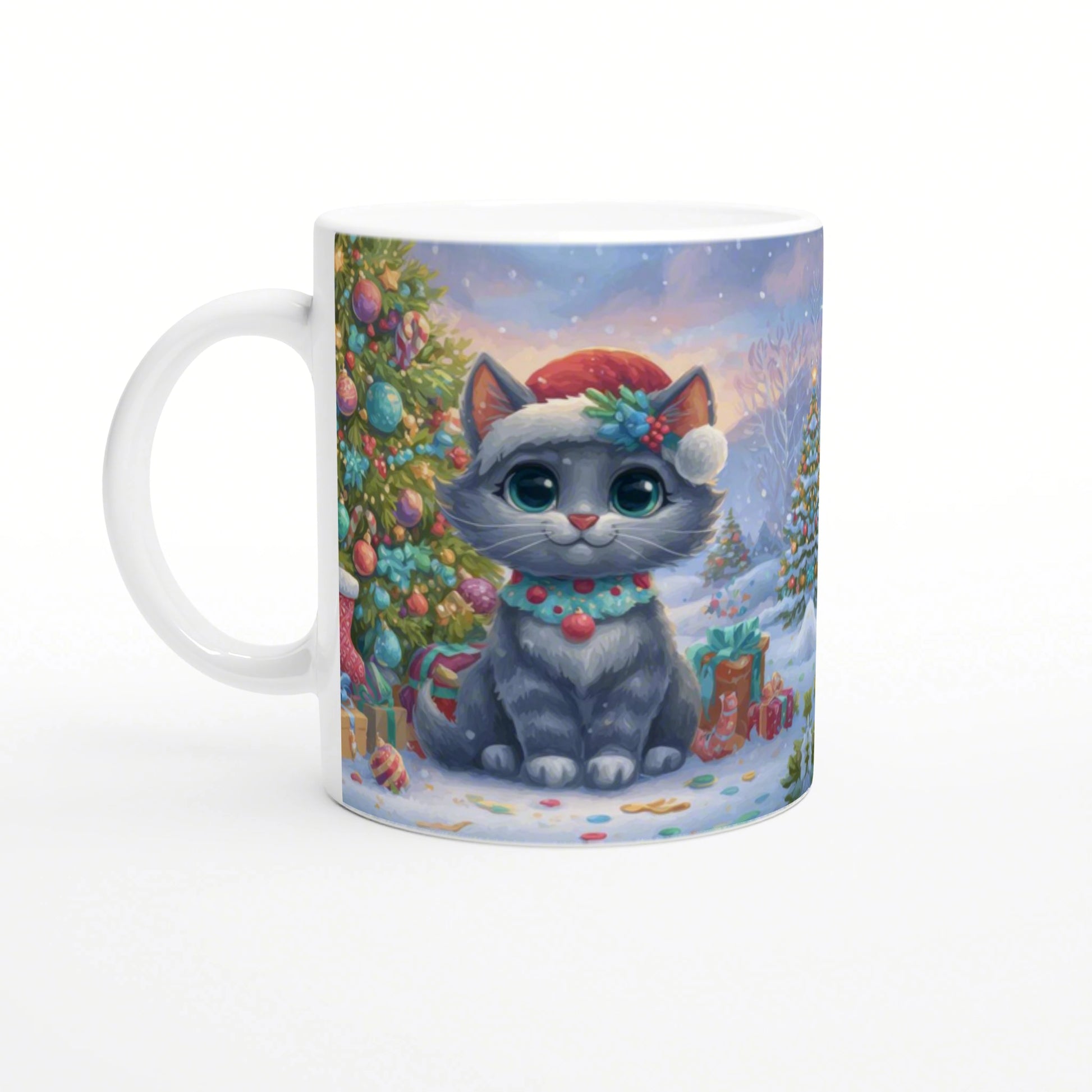 Festive mug featuring a cute gray cat in a Santa hat and scarf, beside Christmas trees, gifts, and a snowy holiday scene.